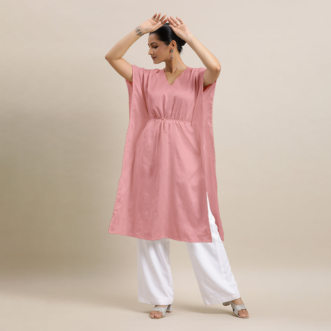 Siya x Rozaana Kurta, in Pink Viscose, featuring elbow sleeves and v-neckline, made for daily & work (view 8).