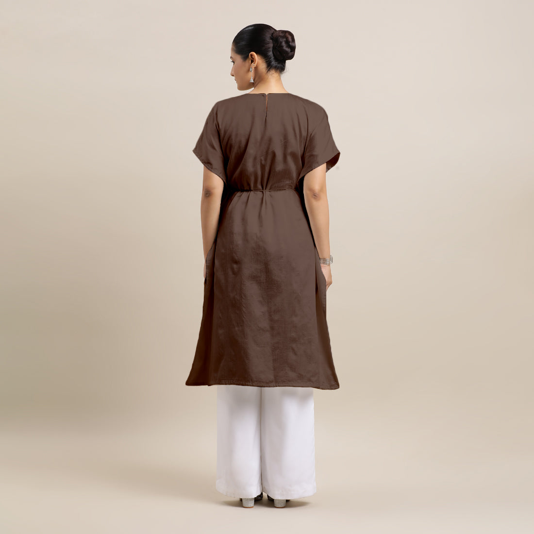 Siya x Rozaana Kurta, in Brown Viscose, featuring elbow sleeves and v-neckline, made for daily & work (view 2).