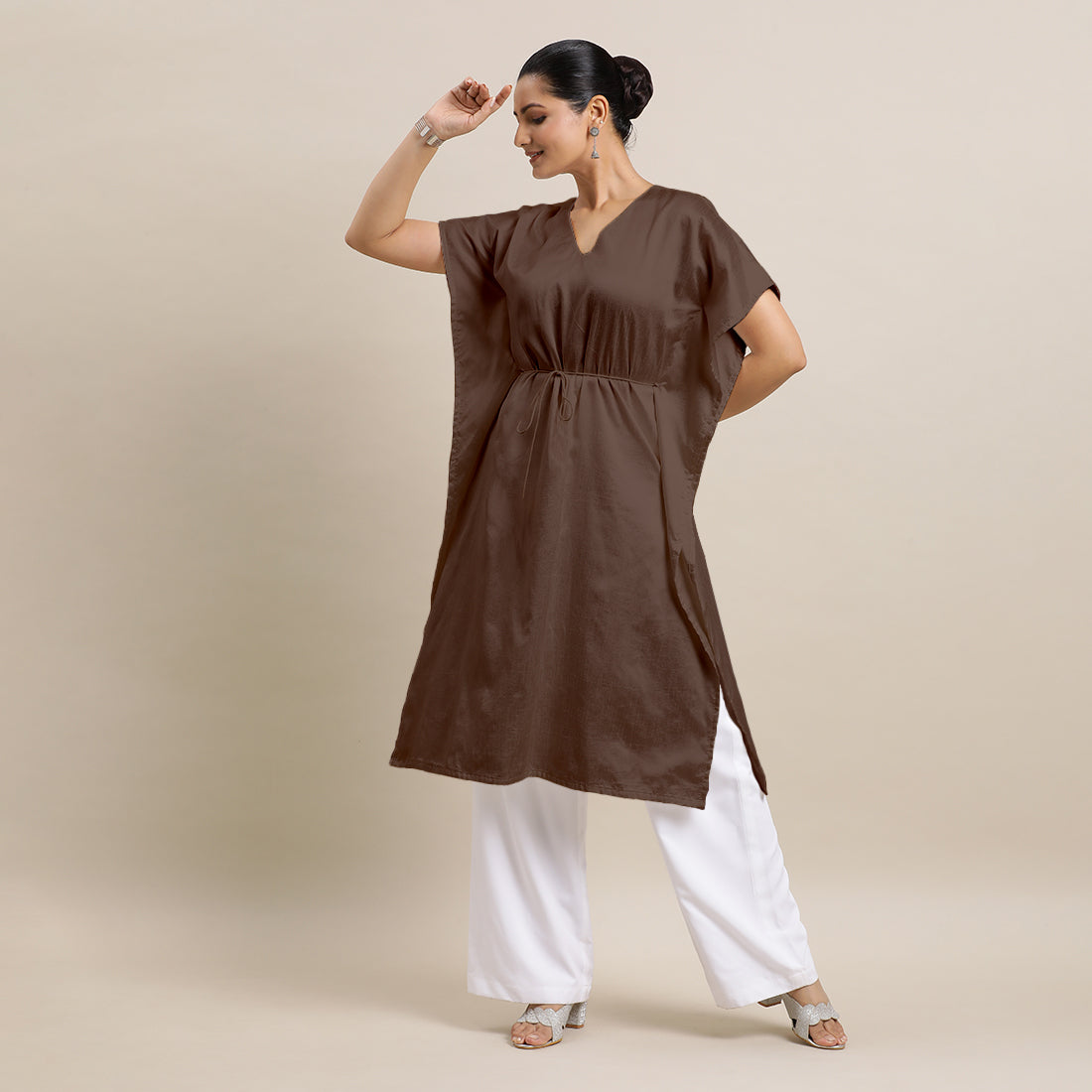 Siya x Rozaana Kurta, in Brown Viscose, featuring elbow sleeves and v-neckline, made for daily & work (view 5).