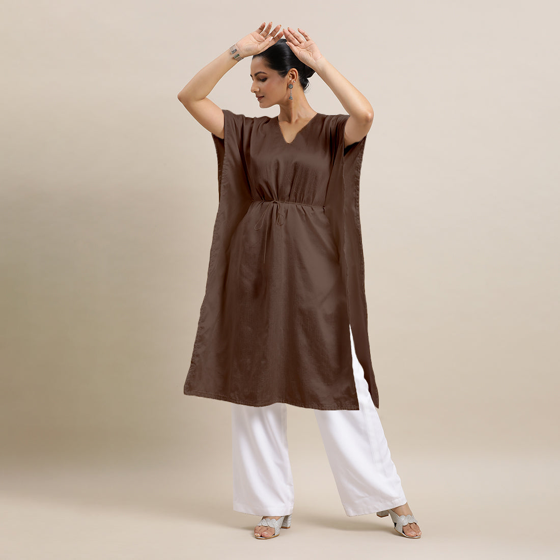 Siya x Rozaana Kurta, in Brown Viscose, featuring elbow sleeves and v-neckline, made for daily & work (view 8).