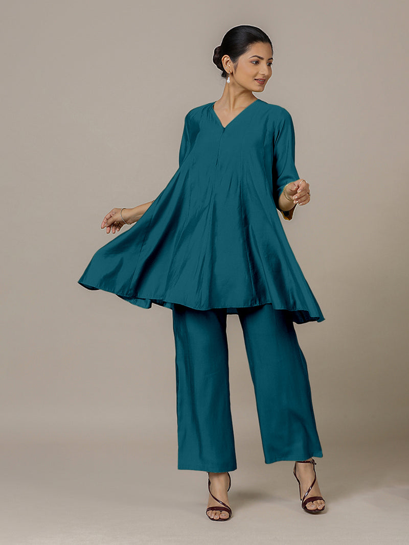 Tuhi x Rozaana | A Line Kurta in Crystal Teal with Thread Work | Coords or Only Kurta-Binks