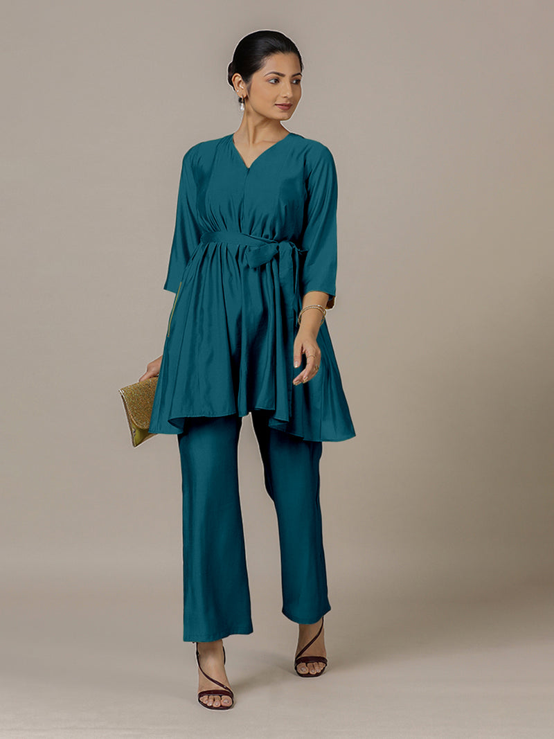 Tuhi x Rozaana | A Line Kurta in Crystal Teal with Thread Work | Coords or Only Kurta-Binks