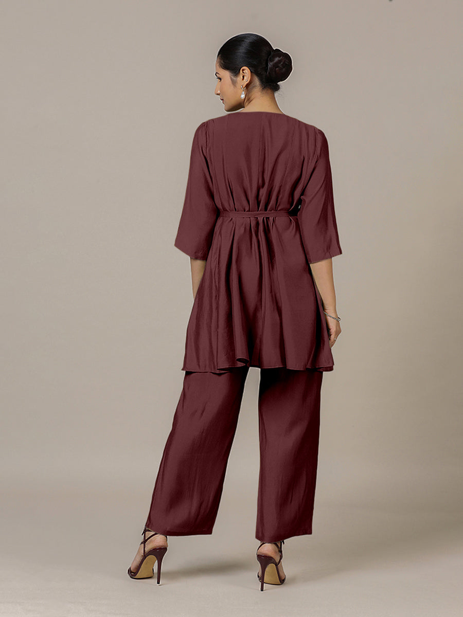 Tuhi x Rozaana Kurta, in Maroon Viscose, featuring three quarter sleeves and v-neckline, made for daily & work (view 2).