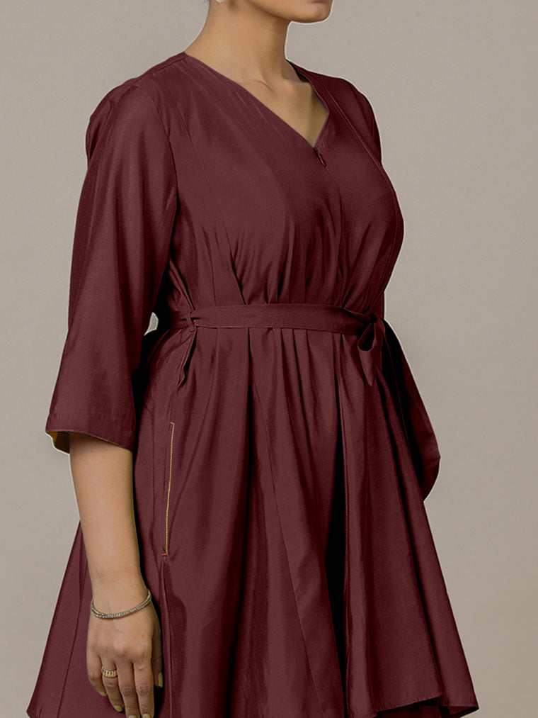 Tuhi x Rozaana Kurta, in Maroon Viscose, featuring three quarter sleeves and v-neckline, made for daily & work (view 3).
