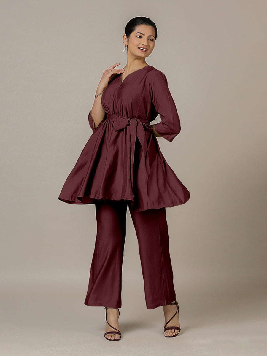Tuhi x Rozaana Kurta, in Maroon Viscose, featuring three quarter sleeves and v-neckline, made for daily & work (view 7).
