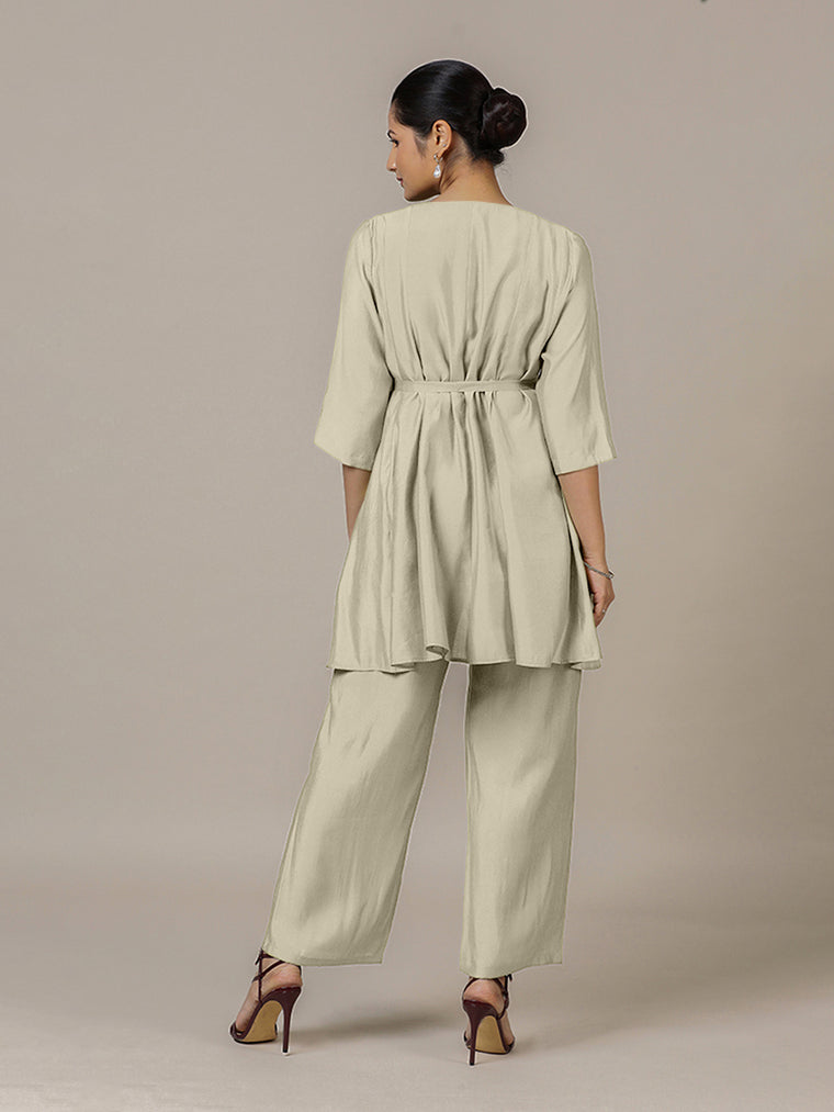 Tuhi x Rozaana Kurta, in Cream Viscose, featuring three quarter sleeves and v-neckline, made for daily & work (view 2).
