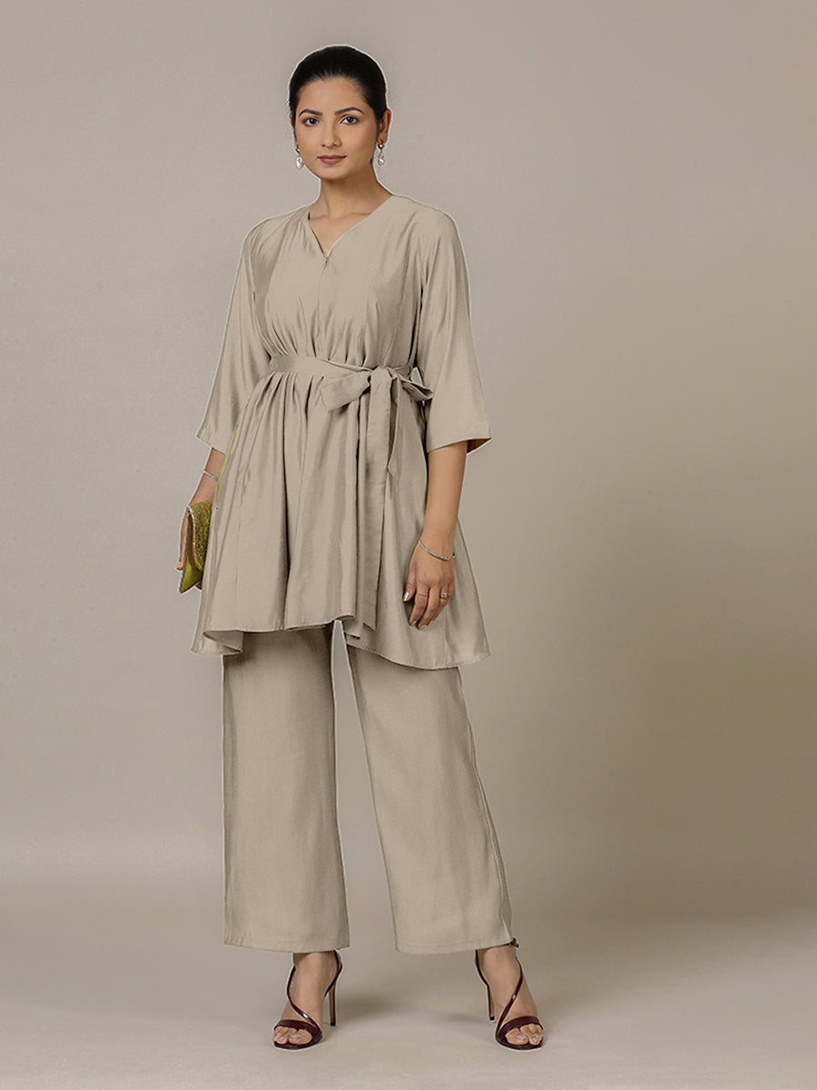 Tuhi x Rozaana Kurta, in Grey Viscose, featuring three quarter sleeves and v-neckline, made for daily & work.