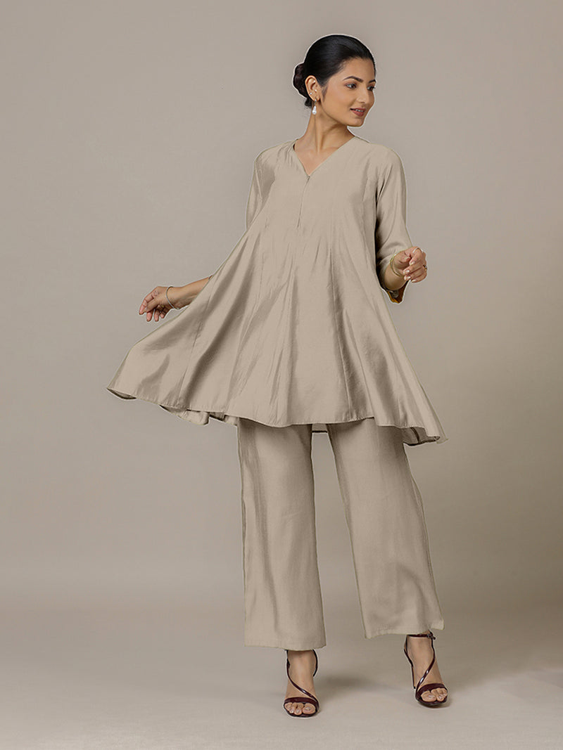 Tuhi x Rozaana | A Line Kurta in Oyster Grey with Thread Work | Coords or Only Kurta-Binks