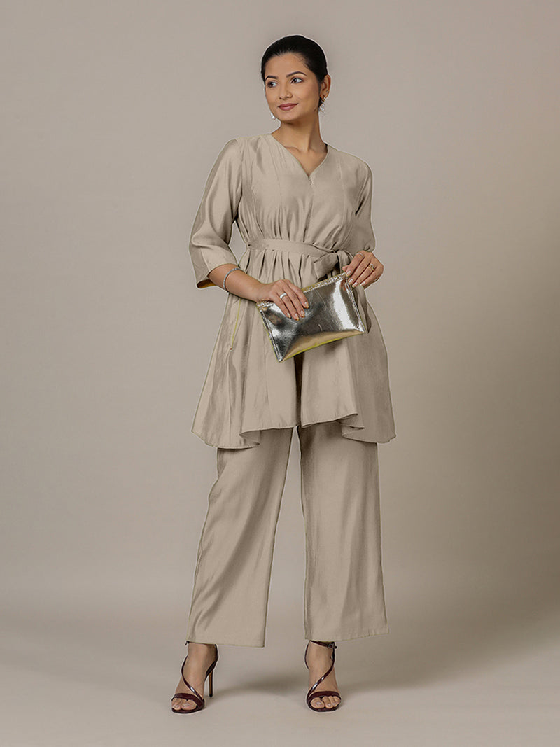 Tuhi x Rozaana | A Line Kurta in Oyster Grey with Thread Work | Coords or Only Kurta-Binks