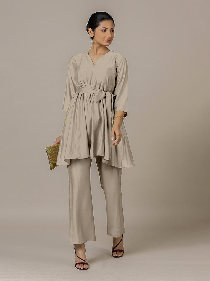 Tuhi x Rozaana | A Line Kurta in Oyster Grey with Thread Work | Coords or Only Kurta-Binks