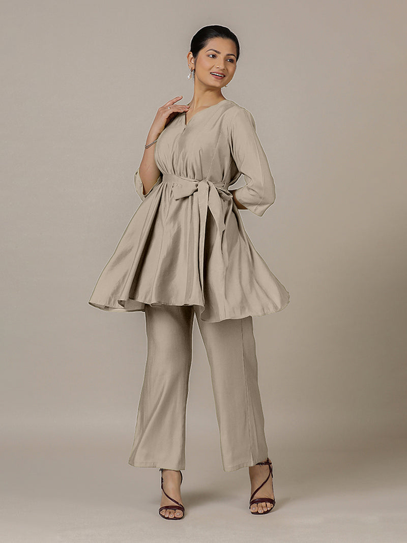 Tuhi x Rozaana | A Line Kurta in Oyster Grey with Thread Work | Coords or Only Kurta-Binks