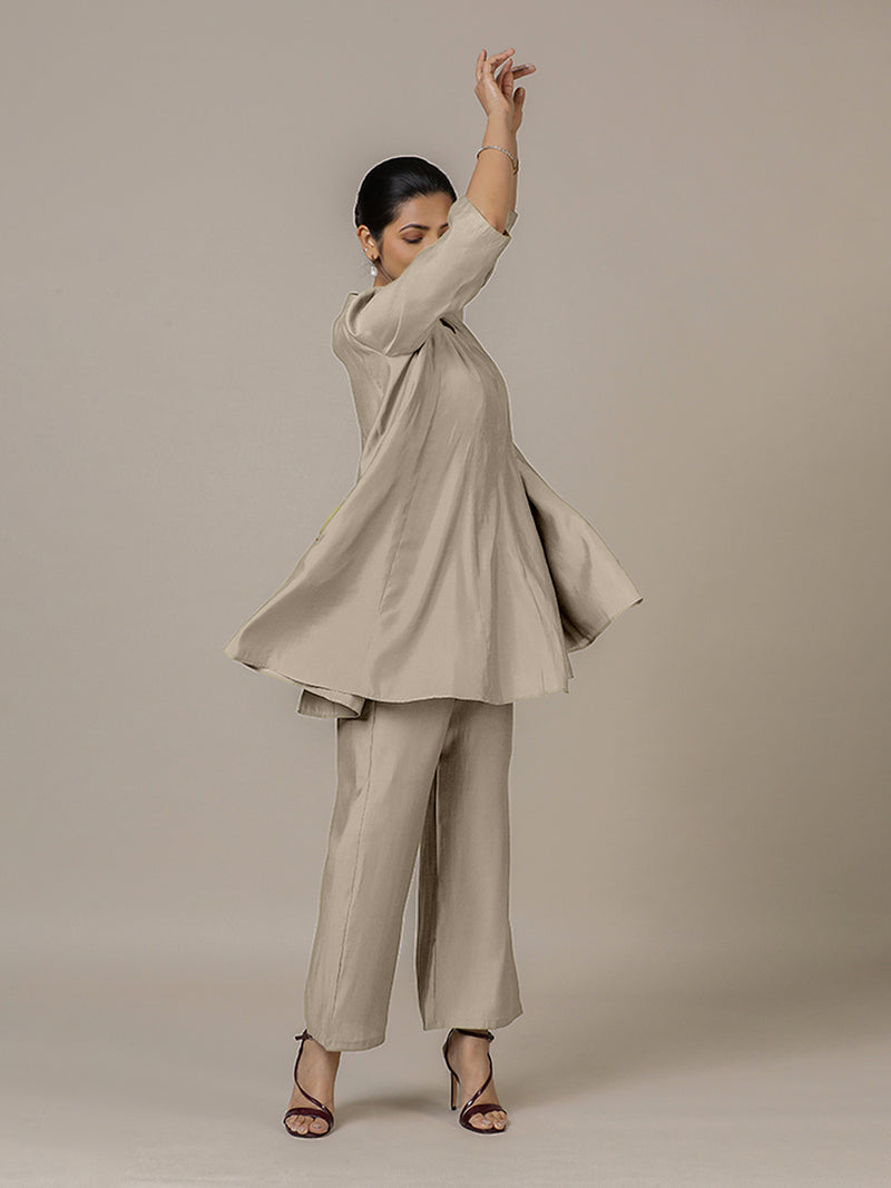 Tuhi x Rozaana | A Line Kurta in Oyster Grey with Thread Work | Coords or Only Kurta-Binks