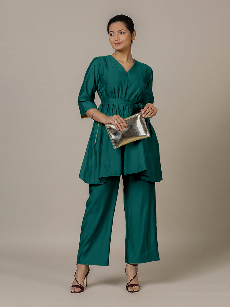 Tuhi x Rozaana Kurta, in Green Viscose, featuring three quarter sleeves and v-neckline, made for daily & work.
