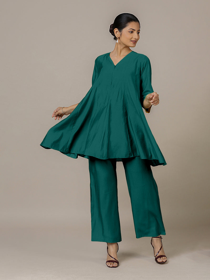 Tuhi x Rozaana | A Line Kurta in Peacock Green with Thread Work | Coords or Only Kurta-Binks