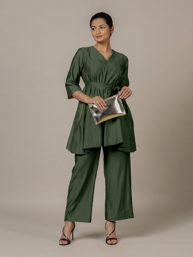 Tuhi x Rozaana | A Line Kurta in Pine Green with Thread Work | Coords or Only Kurta-Binks