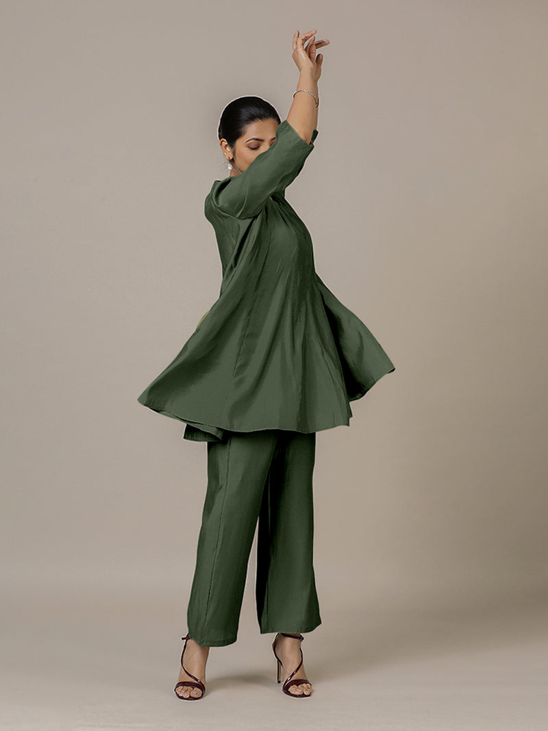 Tuhi x Rozaana | A Line Kurta in Pine Green with Thread Work | Coords or Only Kurta-Binks