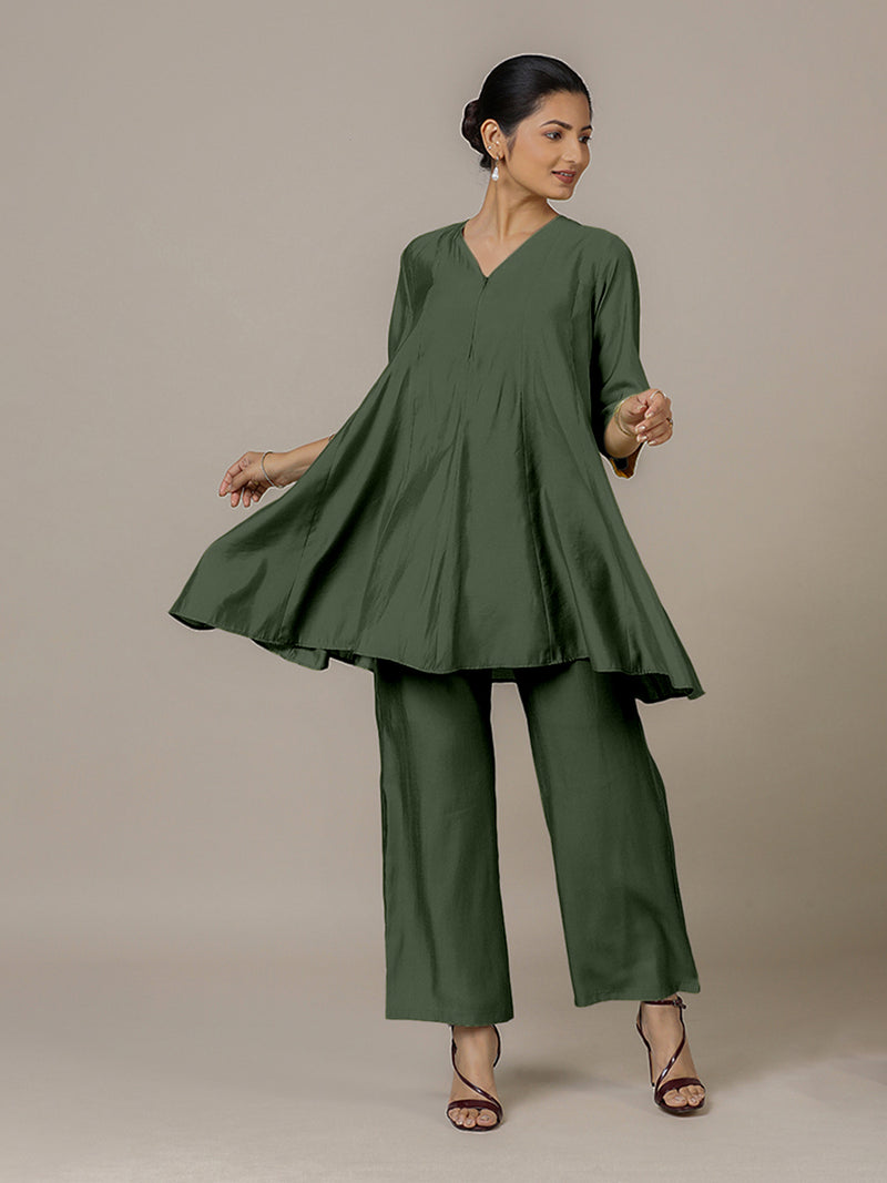 Tuhi x Rozaana | A Line Kurta in Pine Green with Thread Work | Coords or Only Kurta-Binks