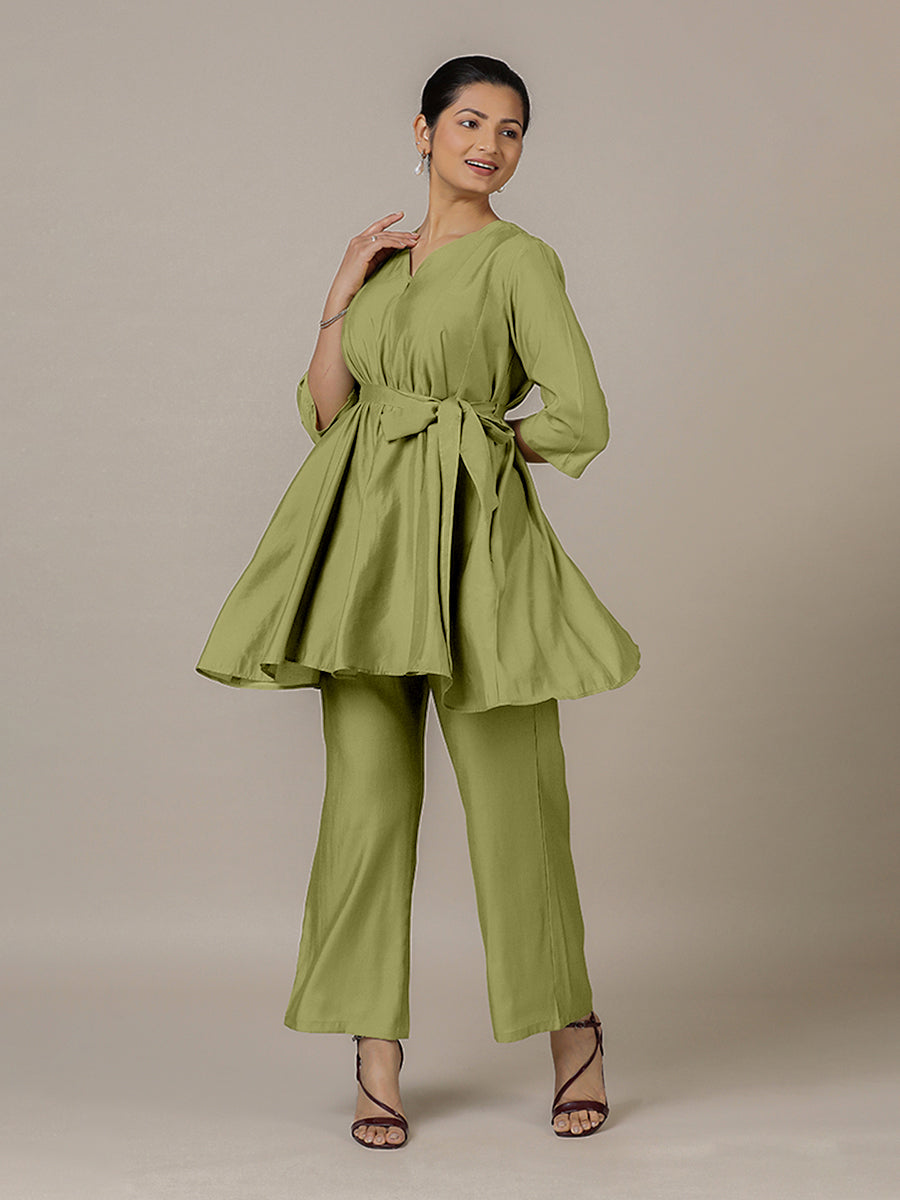 Tuhi x Rozaana Kurta, in Green Viscose, featuring three quarter sleeves and v-neckline, made for daily & work.