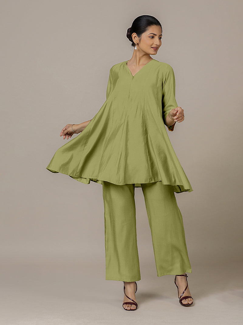Tuhi x Rozaana | A Line Kurta in Pista Green with Thread Work | Coords or Only Kurta-Binks
