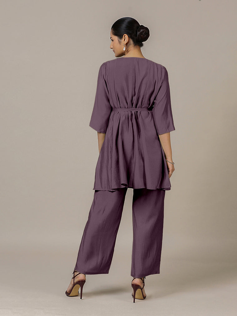 Tuhi x Rozaana Kurta, in Purple Viscose, featuring three quarter sleeves and v-neckline, made for daily & work (view 2).