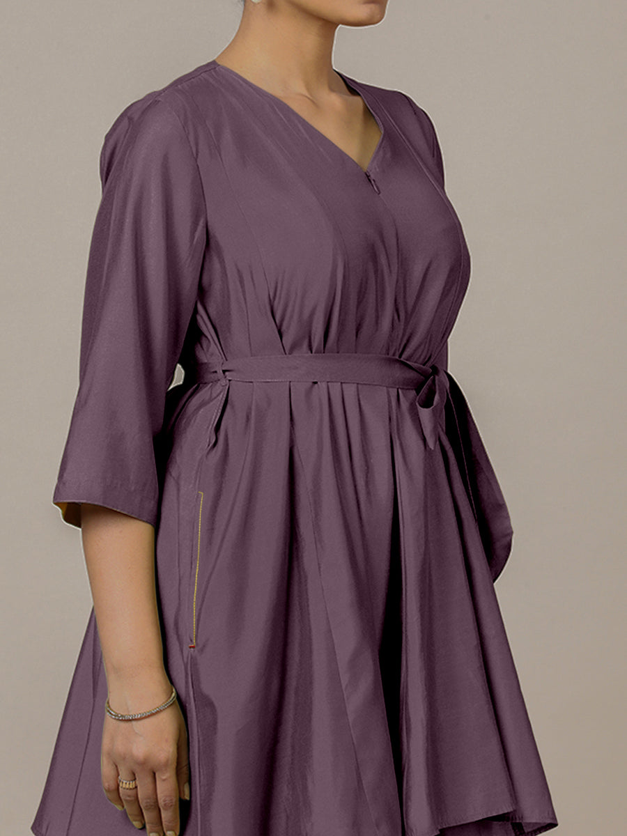 Tuhi x Rozaana Kurta, in Purple Viscose, featuring three quarter sleeves and v-neckline, made for daily & work (view 3).