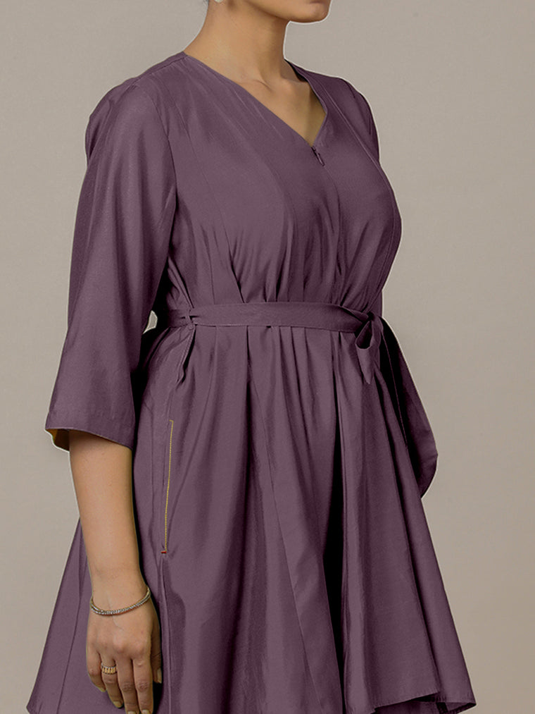 Tuhi x Rozaana Kurta, in Purple Viscose, featuring three quarter sleeves and v-neckline, made for daily & work (view 3).
