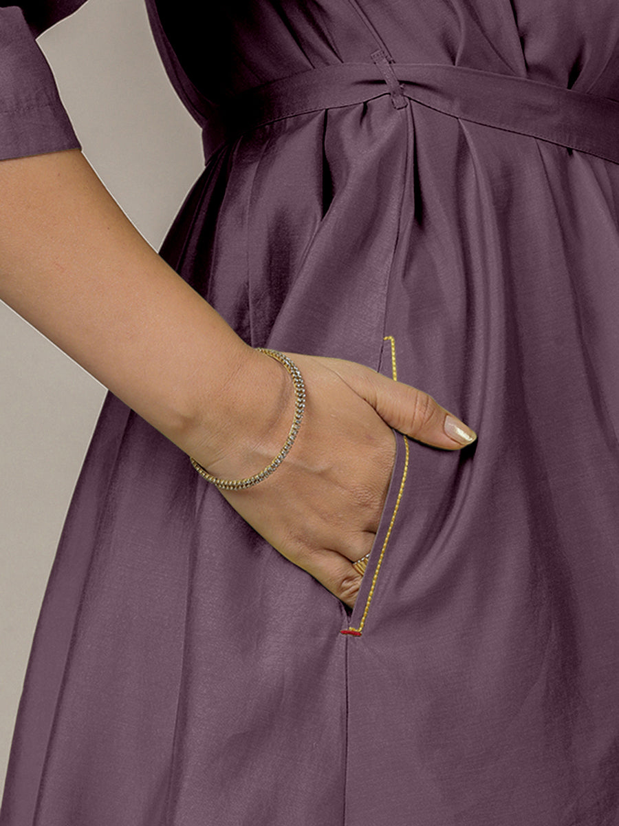 Tuhi x Rozaana Kurta, in Purple Viscose, featuring three quarter sleeves and v-neckline, made for daily & work (view 5).