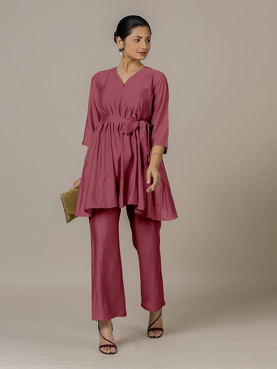 Tuhi x Rozaana Kurta, in Pink Viscose, featuring three quarter sleeves and v-neckline, made for daily & work.