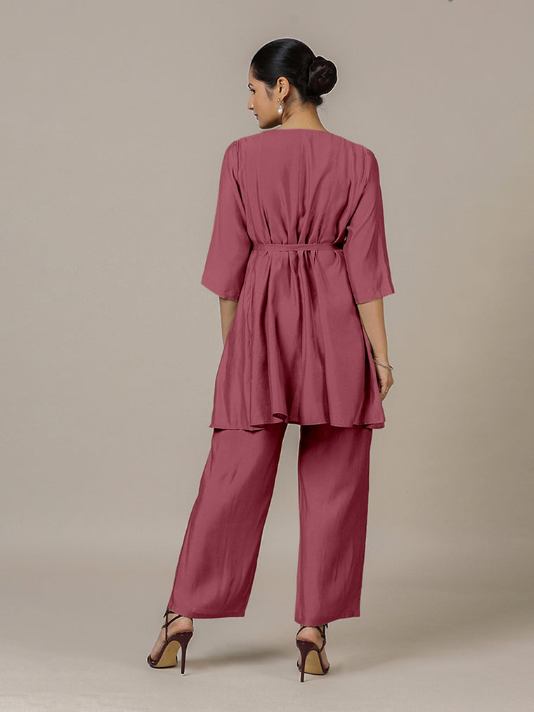Tuhi x Rozaana Kurta, in Pink Viscose, featuring three quarter sleeves and v-neckline, made for daily & work (view 2).