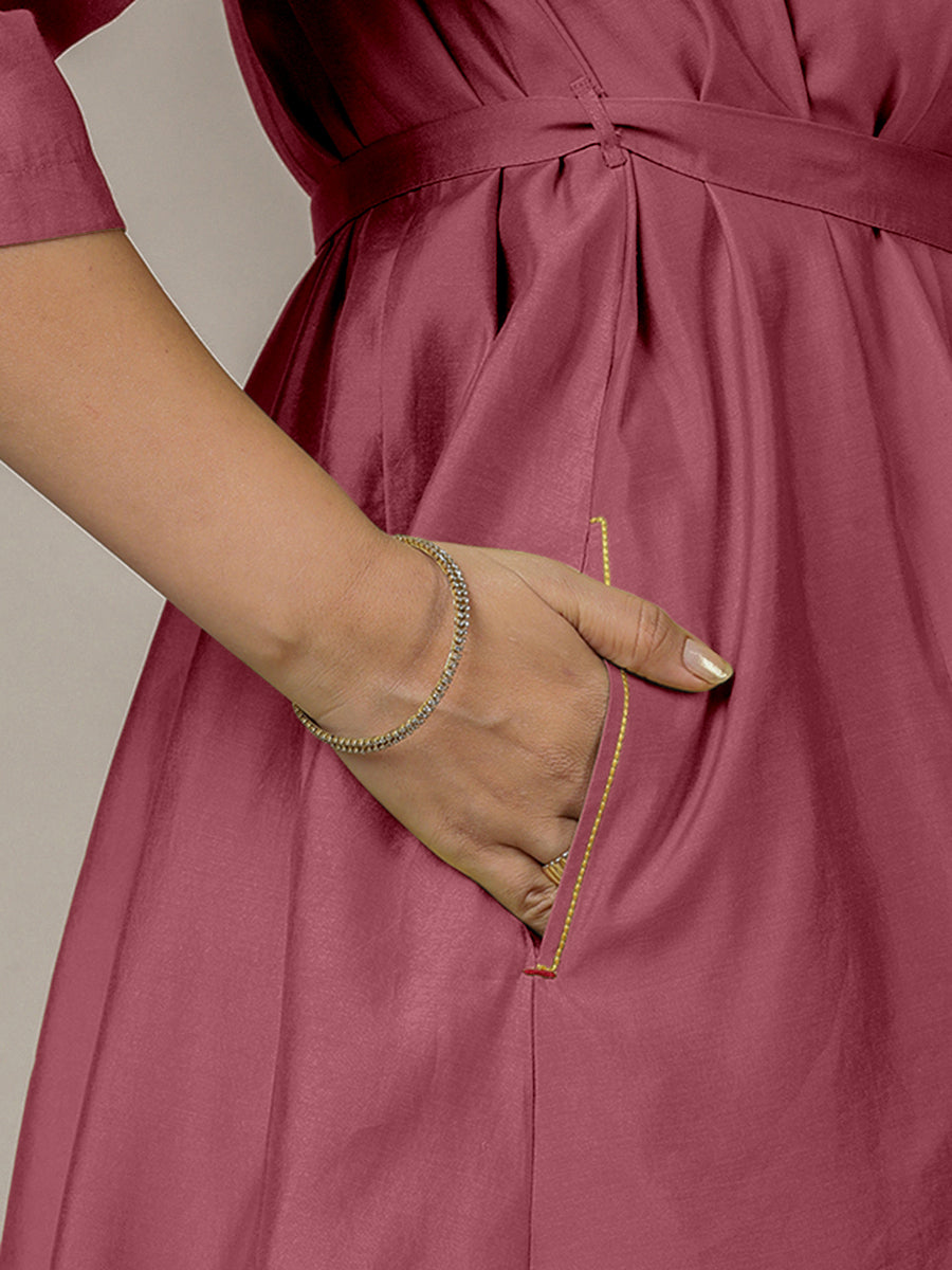 Tuhi x Rozaana Kurta, in Pink Viscose, featuring three quarter sleeves and v-neckline, made for daily & work (view 5).