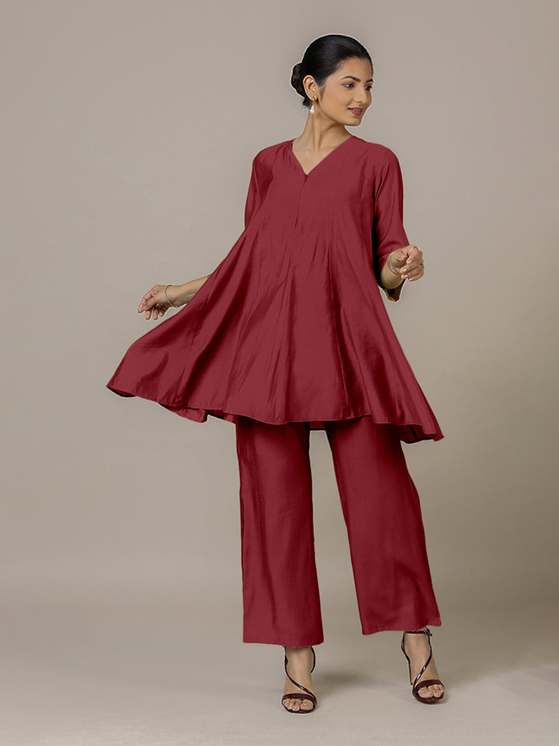 Tuhi x Rozaana | A Line Kurta in Scarlet Red with Thread Work | Coords or Only Kurta-Binks