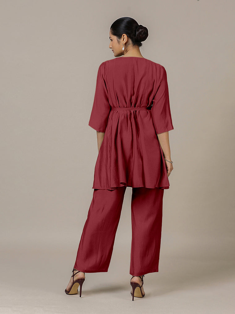 Tuhi x Rozaana Kurta, in Red Viscose, featuring three quarter sleeves and v-neckline, made for daily & work (view 2).
