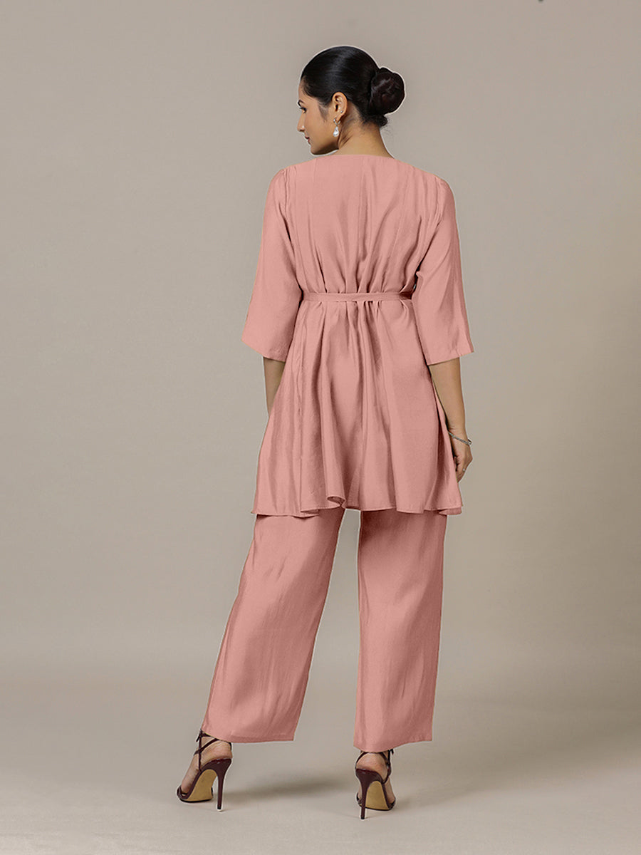 Tuhi x Rozaana Kurta, in Pink Viscose, featuring three quarter sleeves and v-neckline, made for daily & work (view 2).