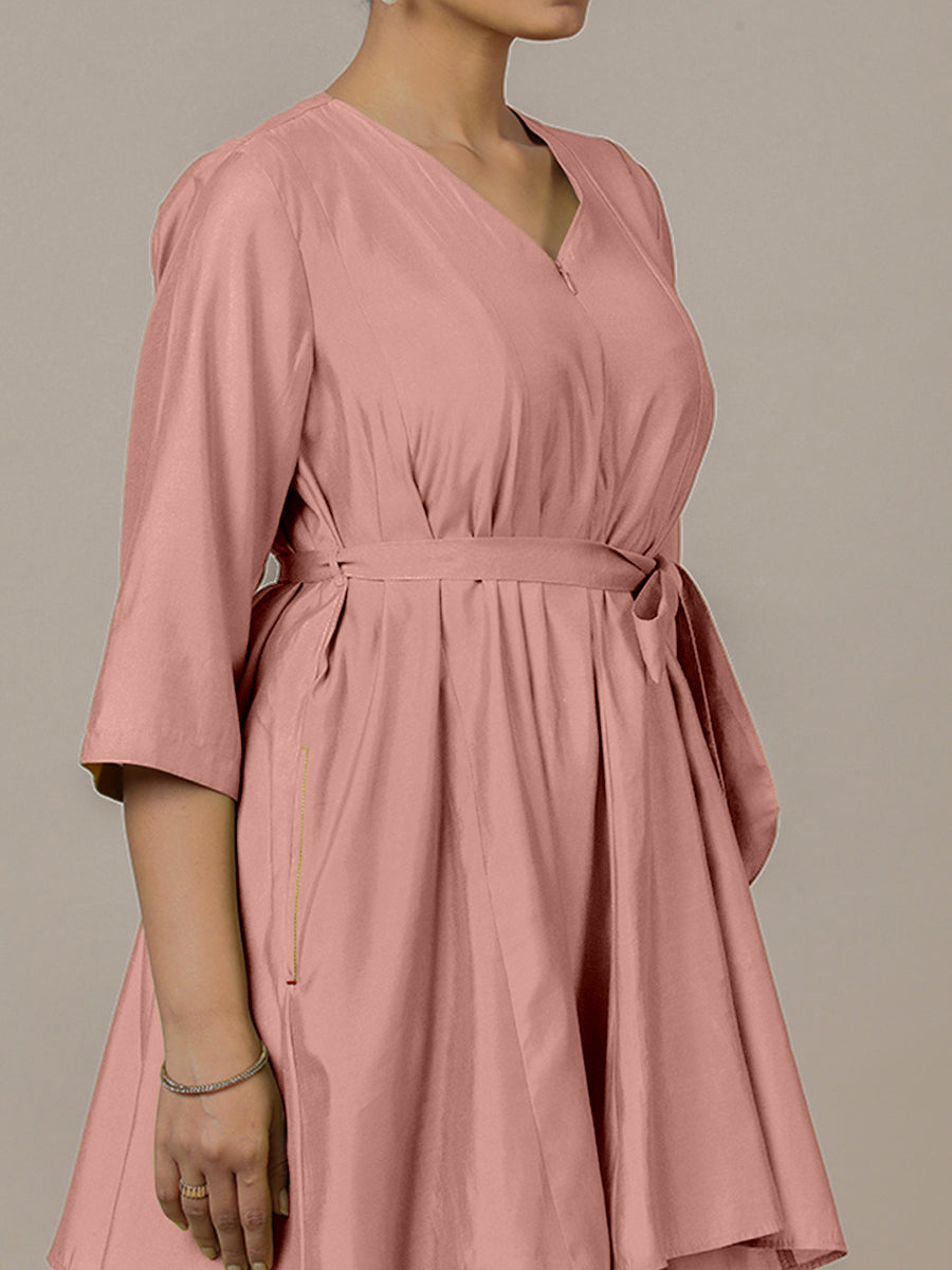 Tuhi x Rozaana Kurta, in Pink Viscose, featuring three quarter sleeves and v-neckline, made for daily & work (view 3).