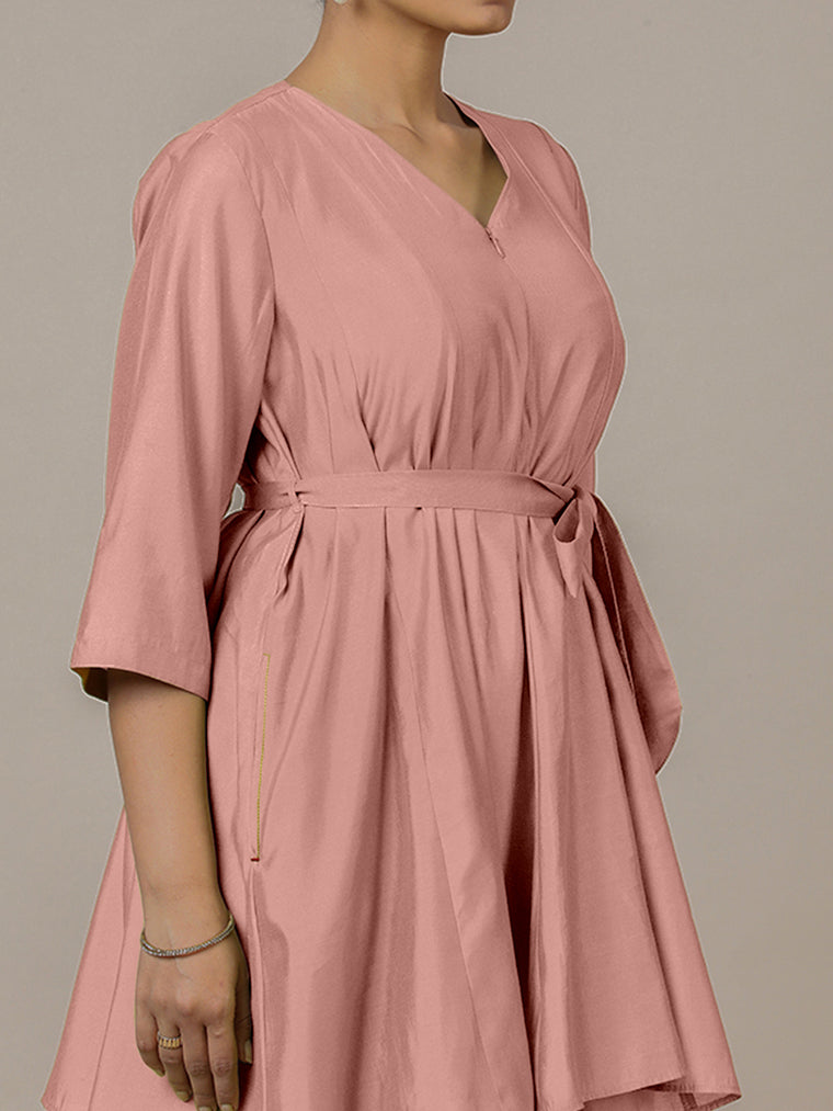 Tuhi x Rozaana Kurta, in Pink Viscose, featuring three quarter sleeves and v-neckline, made for daily & work (view 3).