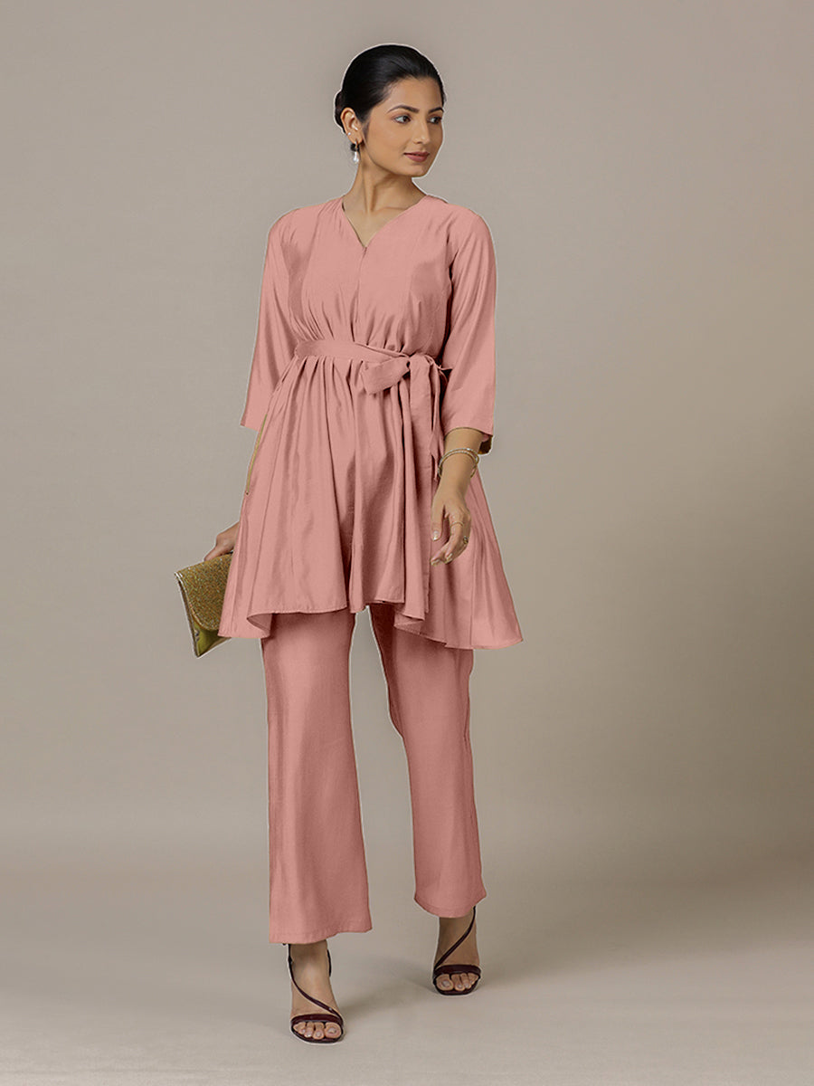 Tuhi x Rozaana Kurta, in Pink Viscose, featuring three quarter sleeves and v-neckline, made for daily & work (view 6).