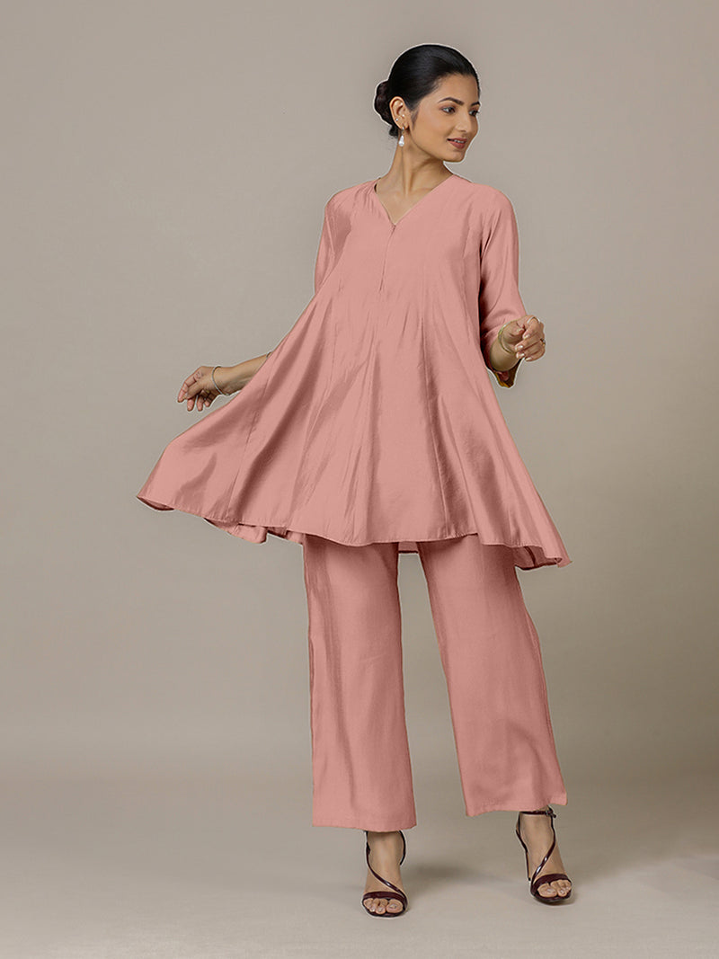 Tuhi x Rozaana | A Line Kurta in Sea Pink with Thread Work | Coords or Only Kurta-Binks