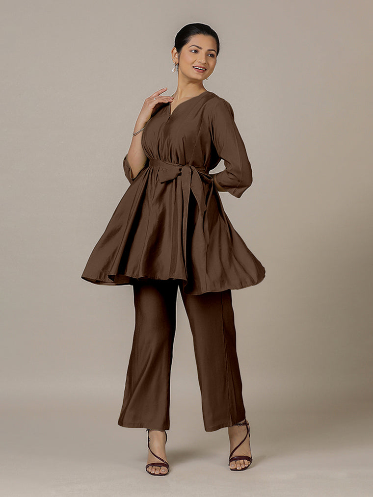 Tuhi x Rozaana Kurta, in Brown Viscose, featuring three quarter sleeves and v-neckline, made for daily & work.