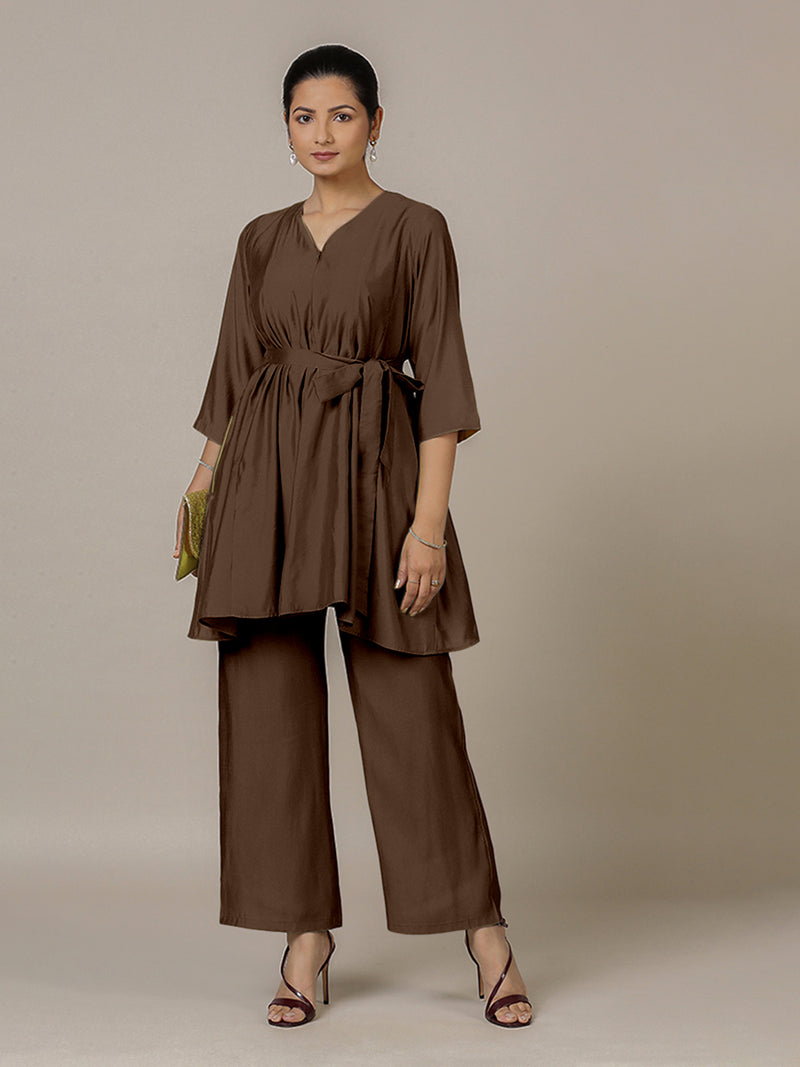 Tuhi x Rozaana | A Line Kurta in Walnut Brown with Thread Work | Coords or Only Kurta-Binks