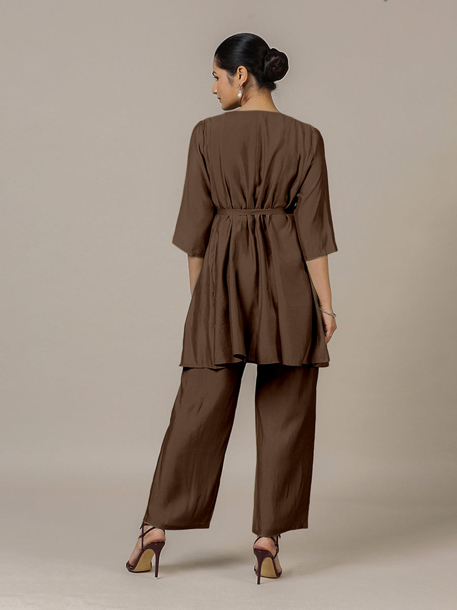 Tuhi x Rozaana Kurta, in Brown Viscose, featuring three quarter sleeves and v-neckline, made for daily & work (view 2).