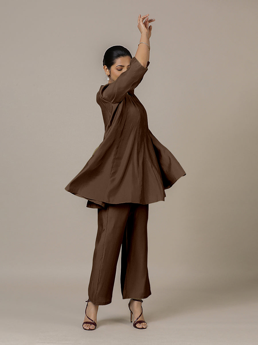 Tuhi x Rozaana Kurta, in Brown Viscose, featuring three quarter sleeves and v-neckline, made for daily & work (view 8).
