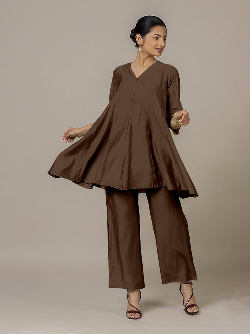 Tuhi x Rozaana | A Line Kurta in Walnut Brown with Thread Work | Coords or Only Kurta-Binks