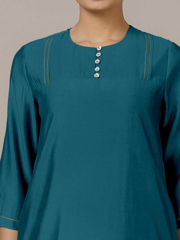 Urvi x Rozaana Kurta, in Blue Viscose, featuring three quarter sleeves and round neckline, made for daily & work (view 3).