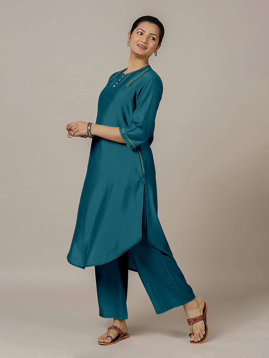 Urvi x Rozaana Kurta, in Blue Viscose, featuring three quarter sleeves and round neckline, made for daily & work (view 6).