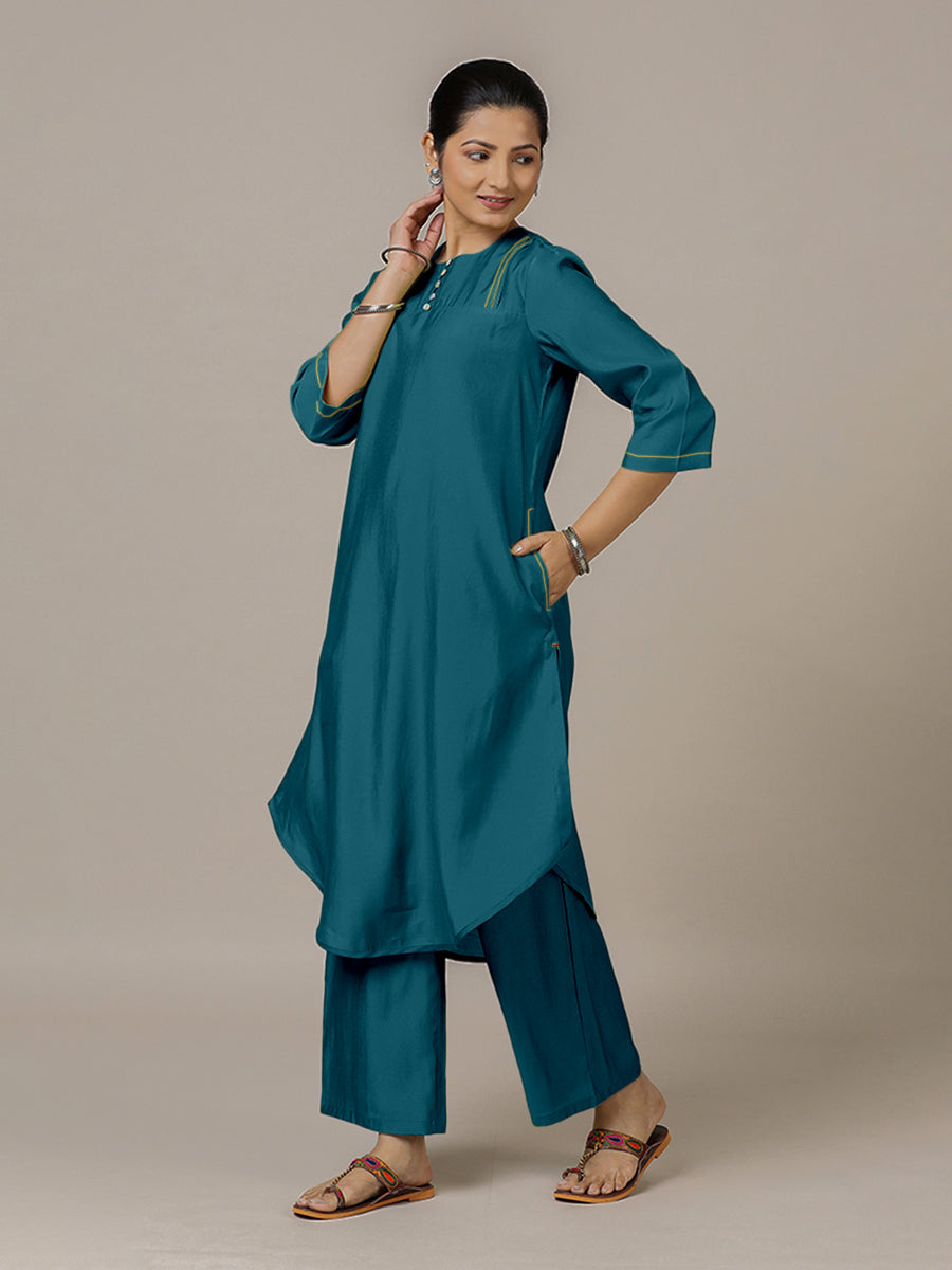 Urvi x Rozaana Kurta, in Blue Viscose, featuring three quarter sleeves and round neckline, made for daily & work (view 8).