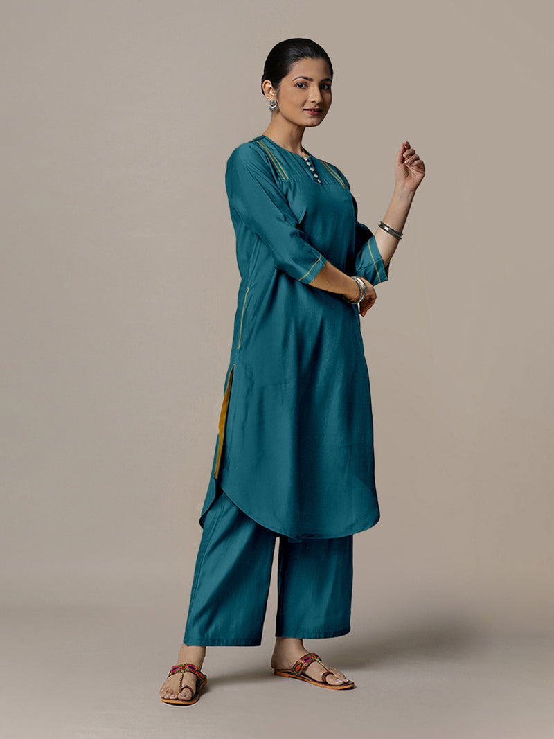 Urvi x Rozaana | A Line Kurta in Crystal Teal with Thread Work | Coords or Only Kurta-Binks