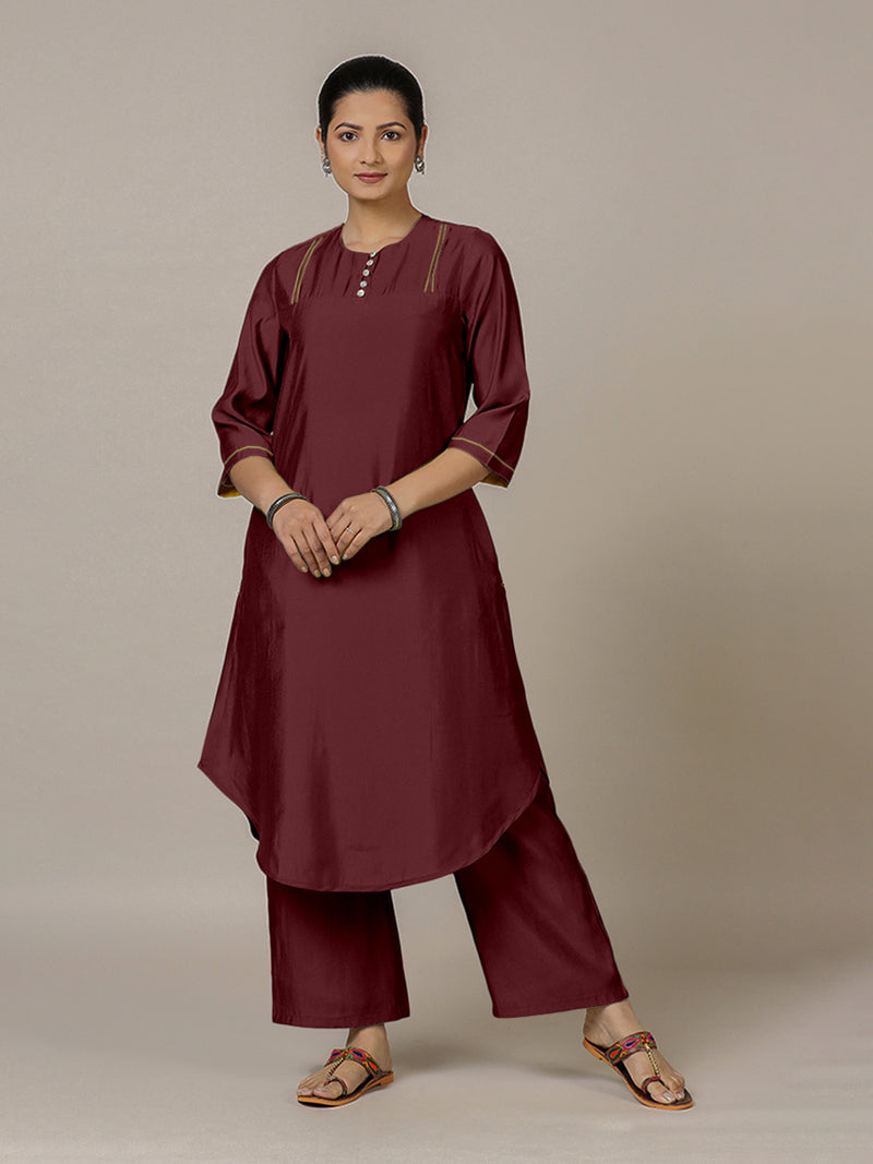 Urvi x Rozaana | A Line Kurta in Deep Maroon with Thread Work | Coords or Only Kurta-Binks