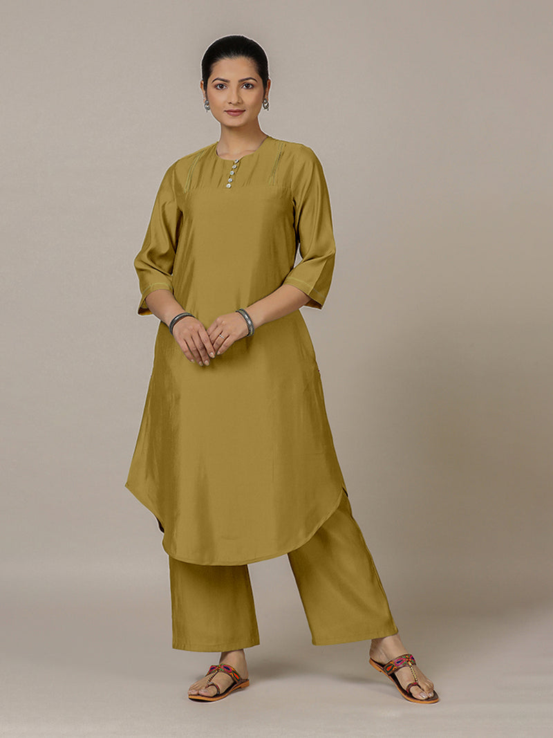 Urvi x Rozaana | A Line Kurta in Dijon Mustard with Thread Work | Coords or Only Kurta-Binks