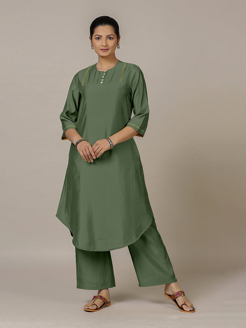 Urvi x Rozaana | A Line Kurta in Hunter Green with Thread Work | Coords or Only Kurta-Binks