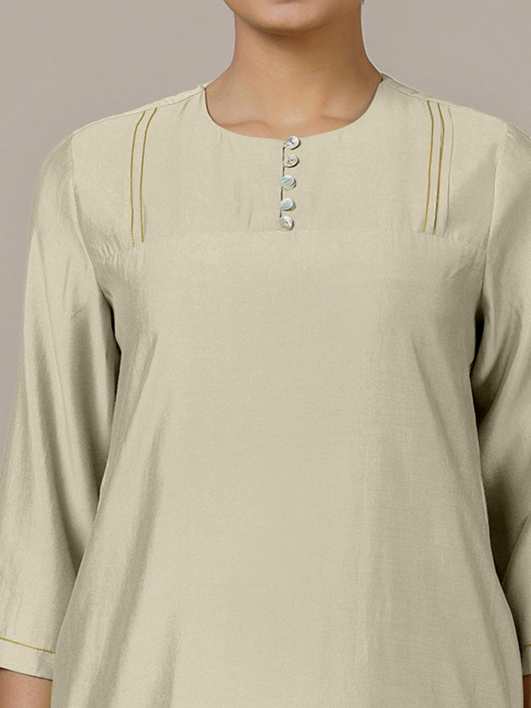 Urvi x Rozaana Kurta, in Cream Viscose, featuring three quarter sleeves and round neckline, made for daily & work (view 3).